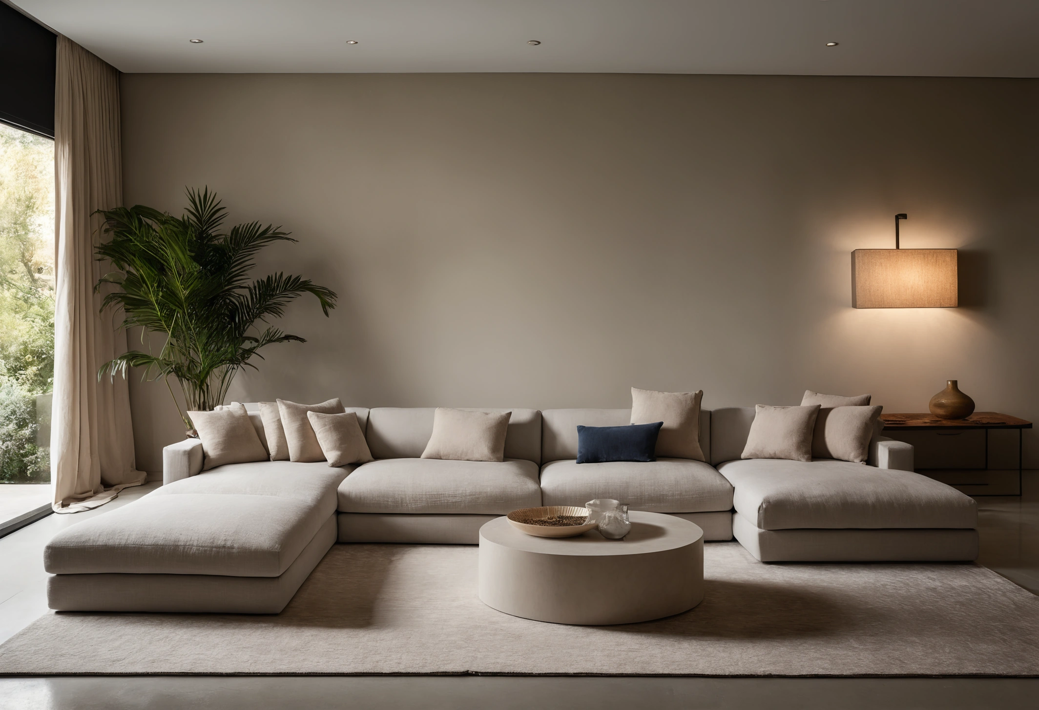 Staged showroom room set with sofa, rug, lighting and backdrop wall arranged as a complete interior