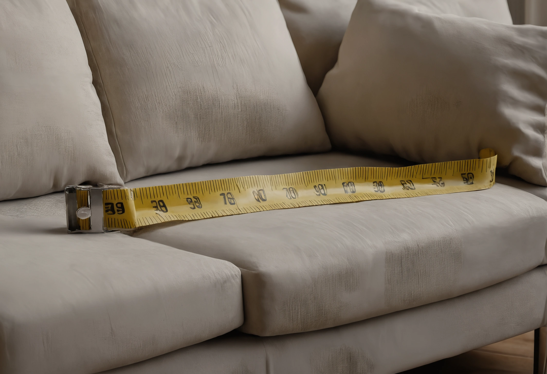 Tape measure laid across a sofa seat cushion recording the seat depth from front edge to back cushion