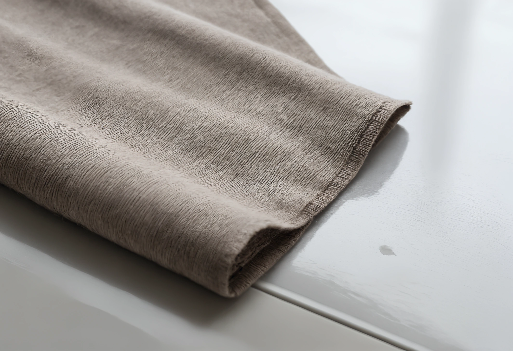 Hand-free arrangement of a fabric swatch resting against a window in natural daylight beside a floor sample